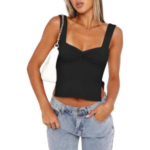 imageREORIA Women Sexy Ruched Sweetheart Neck Backless Sleeveless Side Split Trendy Going Out Y2K Trendy Cropped Tank TopsBlack