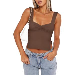 imageREORIA Women Sexy Ruched Sweetheart Neck Backless Sleeveless Side Split Trendy Going Out Y2K Trendy Cropped Tank TopsCoffee
