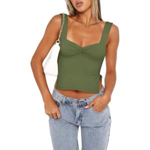 imageREORIA Women Sexy Ruched Sweetheart Neck Backless Sleeveless Side Split Trendy Going Out Y2K Trendy Cropped Tank TopsDark Green