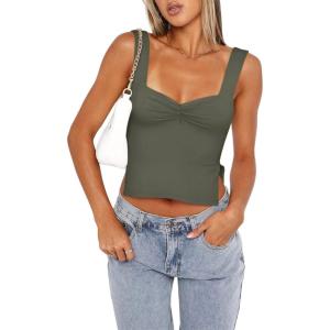 imageREORIA Women Sexy Ruched Sweetheart Neck Backless Sleeveless Side Split Trendy Going Out Y2K Trendy Cropped Tank TopsGrey Green