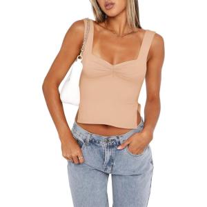 imageREORIA Women Sexy Ruched Sweetheart Neck Backless Sleeveless Side Split Trendy Going Out Y2K Trendy Cropped Tank TopsNude