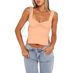 imageREORIA Women Sexy Ruched Sweetheart Neck Backless Sleeveless Side Split Trendy Going Out Y2K Trendy Cropped Tank TopsPeach Fuzz