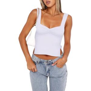 imageREORIA Women Sexy Ruched Sweetheart Neck Backless Sleeveless Side Split Trendy Going Out Y2K Trendy Cropped Tank TopsWhite