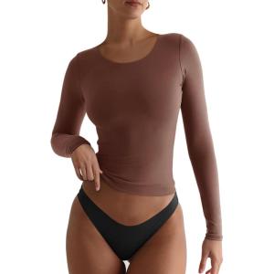 imageREORIA Womens Basic Crew Neck Long Sleeve Shirts Double Lined Crop Tops Tight Shirt Fall Outfits 2025Coffee