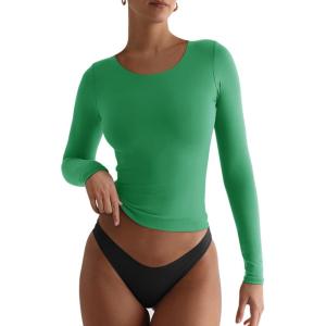 imageREORIA Womens Basic Crew Neck Long Sleeve Shirts Double Lined Crop Tops Tight Shirt Fall Outfits 2025Green