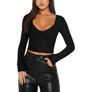 imageREORIA Womens Basic Sexy V Neck Long Sleeve Slim Fitted Cropped T Shirts Fall Fashion Going Out Crop TopsBlack