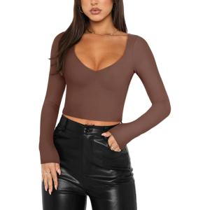imageREORIA Womens Basic Sexy V Neck Long Sleeve Slim Fitted Cropped T Shirts Fall Fashion Going Out Crop TopsCoffee