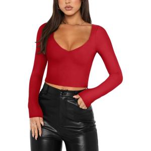 imageREORIA Womens Basic Sexy V Neck Long Sleeve Slim Fitted Cropped T Shirts Fall Fashion Going Out Crop TopsRed