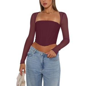 imageREORIA Womens Sexy Mesh Long Sleeve Boned Corset Top Trendy Y2K Square Neck Going Out Bustier Crop TopsBurgundy