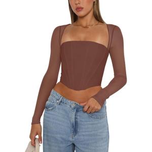 imageREORIA Womens Sexy Mesh Long Sleeve Boned Corset Top Trendy Y2K Square Neck Going Out Bustier Crop TopsCoffee