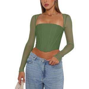 imageREORIA Womens Sexy Mesh Long Sleeve Boned Corset Top Trendy Y2K Square Neck Going Out Bustier Crop TopsDeep Green