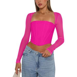 imageREORIA Womens Sexy Mesh Long Sleeve Boned Corset Top Trendy Y2K Square Neck Going Out Bustier Crop TopsNeon Rose Red