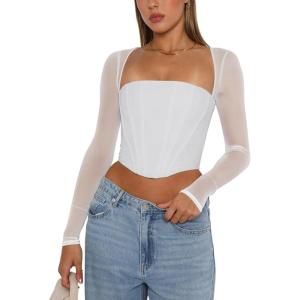 imageREORIA Womens Sexy Mesh Long Sleeve Boned Corset Top Trendy Y2K Square Neck Going Out Bustier Crop TopsWhite