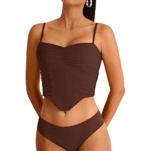 imageREORIA Womens V Neck Tank Top Sleeveless Sexy Sheer Mesh Ruched Y2k Crop Tops 2024 SpringSummer Designer CollectionBrownout