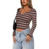 imageREORIA Long Sleeve for Women Sexy Cutout V Neck Knit Cropped Sweaters Trendy Striped Y2K Going Out T Shirt Fall OutfitsDark Coffee White Stripe
