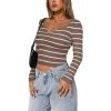 imageREORIA Long Sleeve for Women Sexy Cutout V Neck Knit Cropped Sweaters Trendy Striped Y2K Going Out T Shirt Fall OutfitsDark Khaki White Stripe