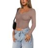 imageREORIA Long Sleeve for Women Sexy Cutout V Neck Knit Cropped Sweaters Trendy Striped Y2K Going Out T Shirt Fall OutfitsLight Coffee