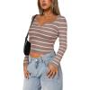 imageREORIA Long Sleeve for Women Sexy Cutout V Neck Knit Cropped Sweaters Trendy Striped Y2K Going Out T Shirt Fall OutfitsLight Coffee White Stripe