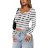 imageREORIA Long Sleeve for Women Sexy Cutout V Neck Knit Cropped Sweaters Trendy Striped Y2K Going Out T Shirt Fall OutfitsWhite Black Stripe