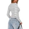 imageREORIA Long Sleeve for Women Sexy Cutout V Neck Knit Cropped Sweaters Trendy Striped Y2K Going Out T Shirt Fall OutfitsWhite Light Grey Stripe