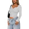 imageREORIA Long Sleeve for Women Sexy Cutout V Neck Knit Cropped Sweaters Trendy Striped Y2K Going Out T Shirt Fall OutfitsWhite Light Grey Stripe