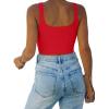 imageREORIA Womens Sexy Square Neck Double Lined Seamless Sleeveless Cropped Tank Yoga Crop Basic TopsRed