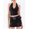imageREORIA Womens Sexy V Neck Lace Halter Backless Going Out Double Lined Y2K Trendy Cropped Tank TopsBlack