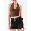 imageREORIA Womens Sexy V Neck Lace Halter Backless Going Out Double Lined Y2K Trendy Cropped Tank TopsBrown