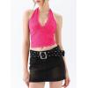 imageREORIA Womens Sexy V Neck Lace Halter Backless Going Out Double Lined Y2K Trendy Cropped Tank TopsHot Pink
