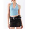imageREORIA Womens Sexy V Neck Lace Halter Backless Going Out Double Lined Y2K Trendy Cropped Tank TopsLight Blue