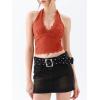 imageREORIA Womens Sexy V Neck Lace Halter Backless Going Out Double Lined Y2K Trendy Cropped Tank TopsRust Red