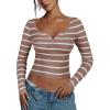 imageREORIA Long Sleeve for Women Sexy Cutout V Neck Knit Cropped Sweaters Trendy Striped Y2K Going Out T Shirt Fall OutfitsLight Coffee White Stripe