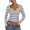 imageREORIA Long Sleeve for Women Sexy Cutout V Neck Knit Cropped Sweaters Trendy Striped Y2K Going Out T Shirt Fall OutfitsWhite Black Stripe