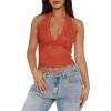 imageREORIA Womens Sexy V Neck Lace Halter Backless Going Out Double Lined Y2K Trendy Cropped Tank TopsRust Red
