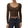 imageREORIA Womens Sweaters Trendy Y2K Sweetheart Neck Ruffle Trim Long Sleeve Lightweight Fitted Crop Tops Knit SweatersCoffee