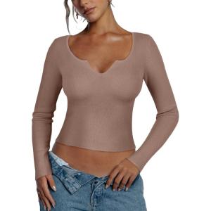 imageREORIA Long Sleeve for Women Sexy Cutout V Neck Knit Cropped Sweaters Trendy Striped Y2K Going Out T Shirt Fall OutfitsLight Coffee