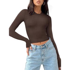 imageREORIA Womens Long Sleeve Shirts Basic Ribbed Crop Tops Fall Fashion Layering Slim Fitted Y2k TopsCoffee