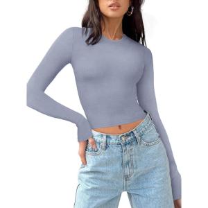 imageREORIA Womens Long Sleeve Shirts Basic Ribbed Crop Tops Fall Fashion Layering Slim Fitted Y2k TopsLight Haze Blue
