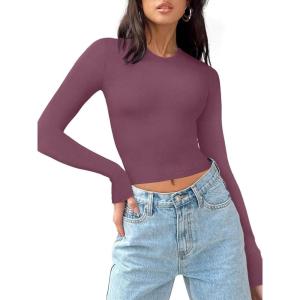 imageREORIA Womens Long Sleeve Shirts Basic Ribbed Crop Tops Fall Fashion Layering Slim Fitted Y2k TopsMasala