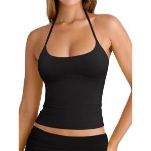 imageREORIA Womens Sexy Halter Backless Double Lined Tank Top Y2k Trendy Camisole Crop TopsBlack