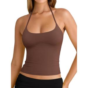 imageREORIA Womens Sexy Halter Backless Double Lined Tank Top Y2k Trendy Camisole Crop TopsCoffee