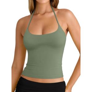 imageREORIA Womens Sexy Halter Backless Double Lined Tank Top Y2k Trendy Camisole Crop TopsDark Green