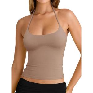 imageREORIA Womens Sexy Halter Backless Double Lined Tank Top Y2k Trendy Camisole Crop TopsKhaki