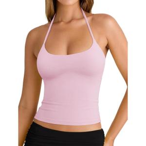 imageREORIA Womens Sexy Halter Backless Double Lined Tank Top Y2k Trendy Camisole Crop TopsLight Pink