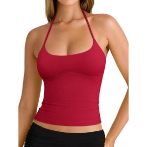 imageREORIA Womens Sexy Halter Backless Double Lined Tank Top Y2k Trendy Camisole Crop TopsRed