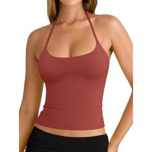 imageREORIA Womens Sexy Halter Backless Double Lined Tank Top Y2k Trendy Camisole Crop TopsRusty Red