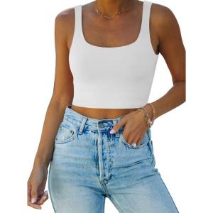 imageREORIA Womens Sexy Square Neck Double Lined Seamless Sleeveless Cropped Tank Yoga Crop Basic Tops01white