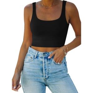 imageREORIA Womens Sexy Square Neck Double Lined Seamless Sleeveless Cropped Tank Yoga Crop Basic Tops02black