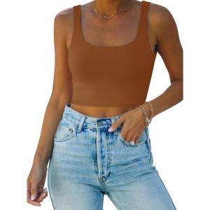 imageREORIA Womens Sexy Square Neck Double Lined Seamless Sleeveless Cropped Tank Yoga Crop Basic TopsBrown