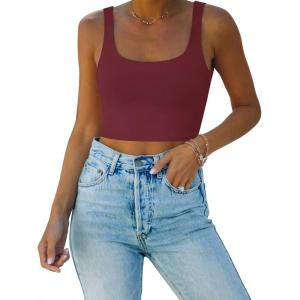 imageREORIA Womens Sexy Square Neck Double Lined Seamless Sleeveless Cropped Tank Yoga Crop Basic TopsBurgundy